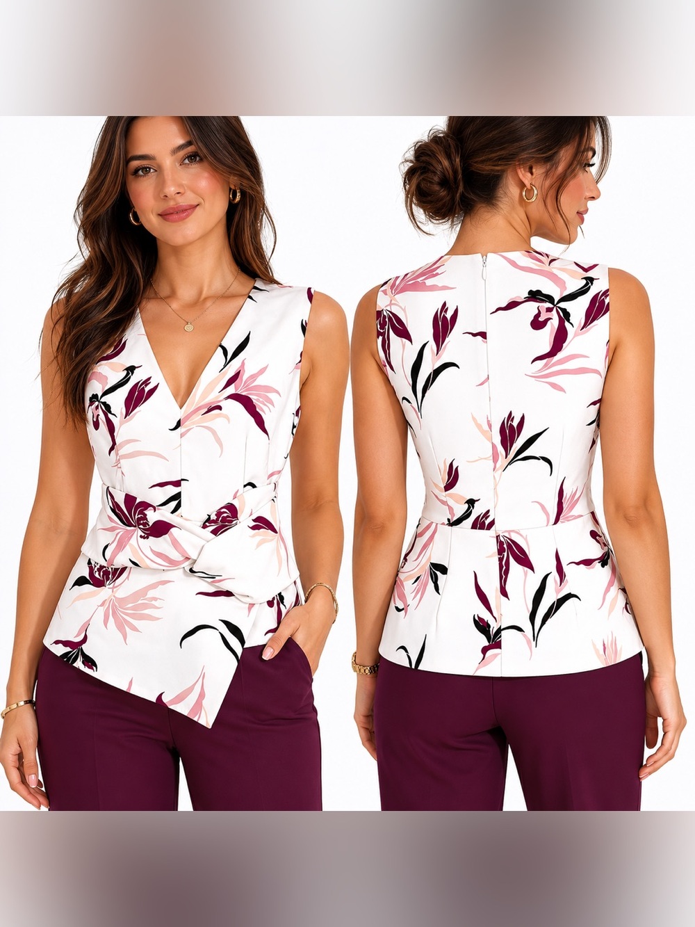 Keepsake Floral Assymetrical  Peplum Top Womens SZ L Next Century Living Doll
